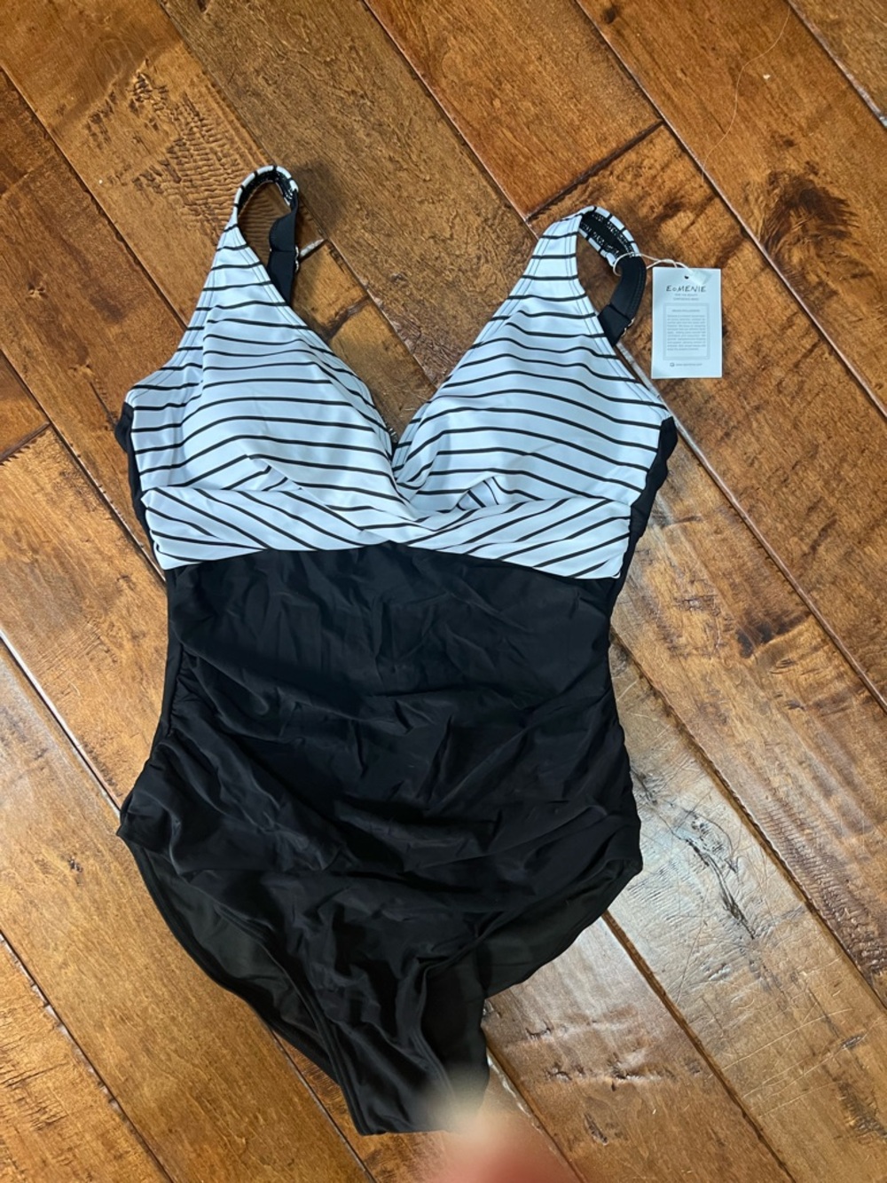 Striped Wrap-Front Black & White One-Piece Swimsuit by Eomenie. Size large